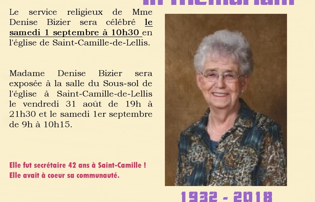 Décès et funérailles de Mme Denise Bizier