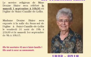Décès et funérailles de Mme Denise Bizier